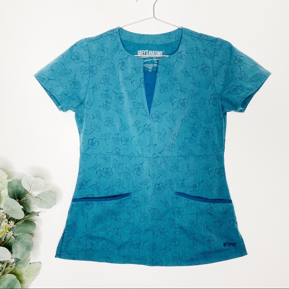 Greys Anatomy Blue Floral Scrub Top